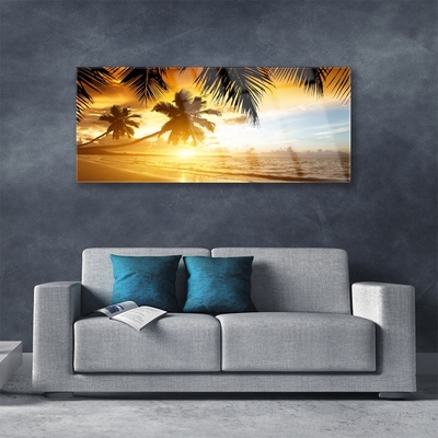 Glass Wall Art Beach palm sea landscape yellow black blue