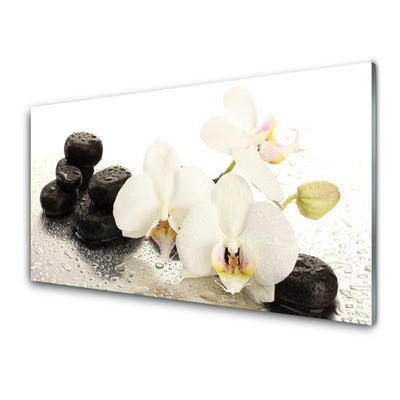 Glass Wall Art Flower stones floral white black