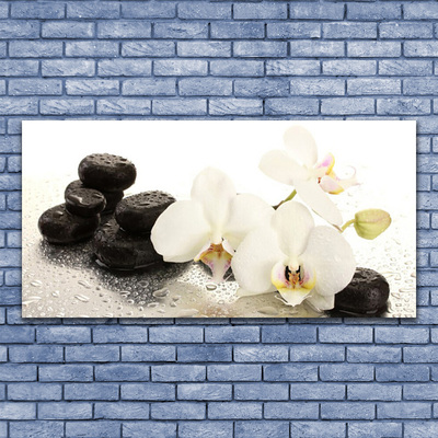 Glass Wall Art Flower stones floral white black