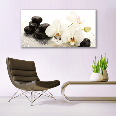 Glass Wall Art Flower stones floral white black