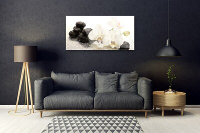 Glass Wall Art Flower stones floral white black