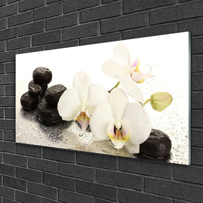 Glass Wall Art Flower stones floral white black