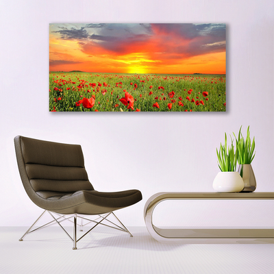 Glass Wall Art Poppies sun nature red green yellow grey