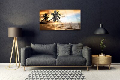 Glass Wall Art Palm trees beach sea landscape yellow black blue