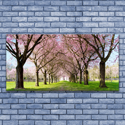 Glass Wall Art Footpath trees nature brown pink green