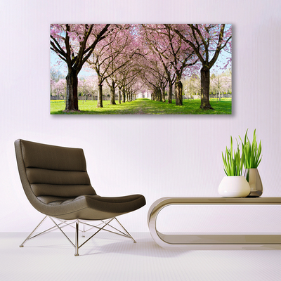 Glass Wall Art Footpath trees nature brown pink green