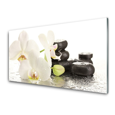 Glass Wall Art Flower stones floral white black