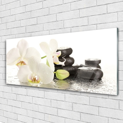 Glass Wall Art Flower stones floral white black