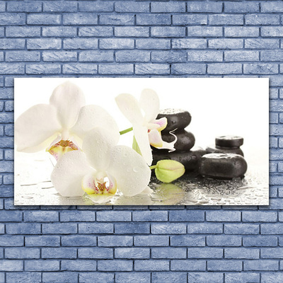 Glass Wall Art Flower stones floral white black