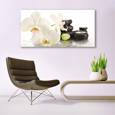 Glass Wall Art Flower stones floral white black