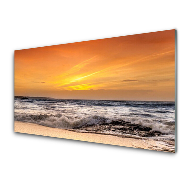 Glass Wall Art Sea landscape brown grey yellow