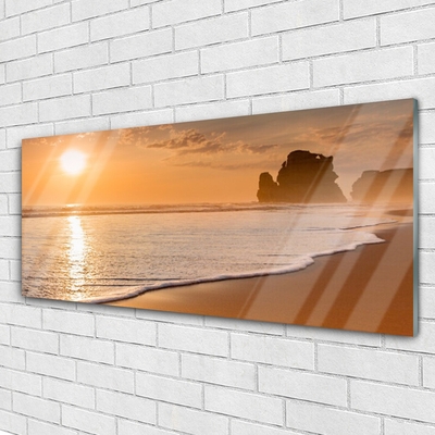 Glass Wall Art Sea beach sun landscape brown yellow white