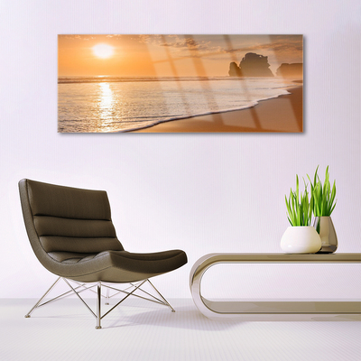 Glass Wall Art Sea beach sun landscape brown yellow white