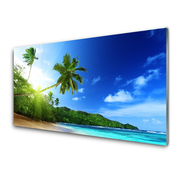 Glass Wall Art Beach sea palm trees landscape brown green blue
