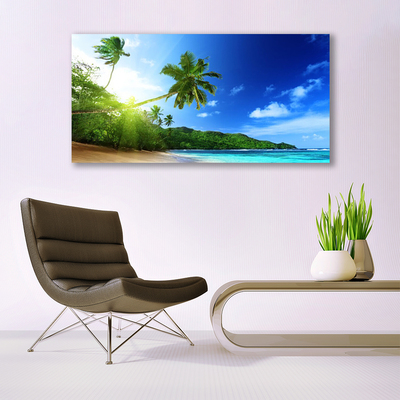 Glass Wall Art Beach sea palm trees landscape brown green blue