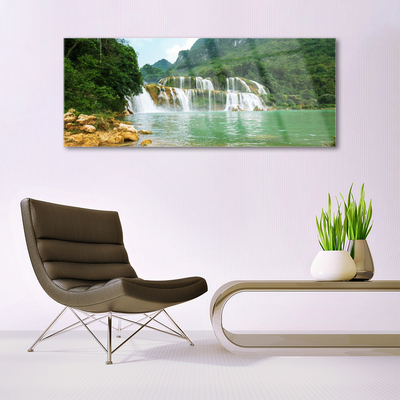Glass Wall Art Forest waterfall landscape brown green white blue