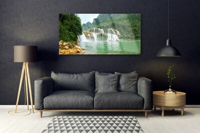 Glass Wall Art Forest waterfall landscape brown green white blue
