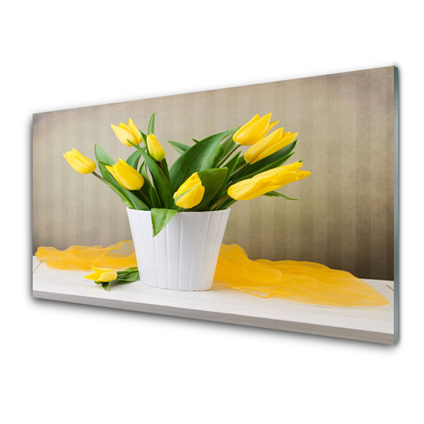 Glass Wall Art Tulips floral yellow green