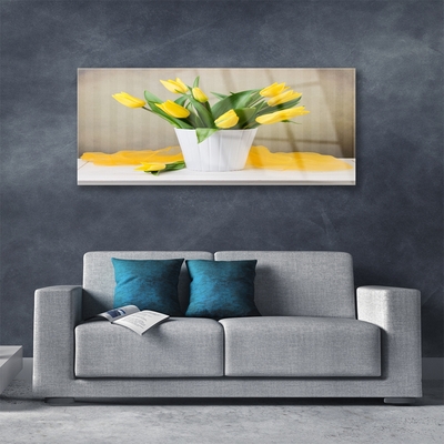 Glass Wall Art Tulips floral yellow green