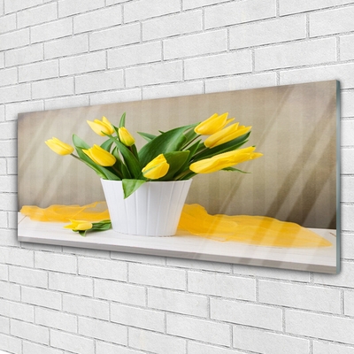 Glass Wall Art Tulips floral yellow green