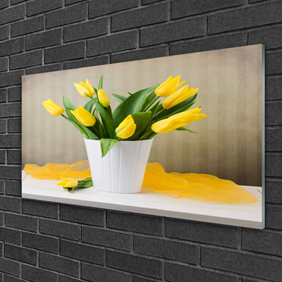 Glass Wall Art Tulips floral yellow green