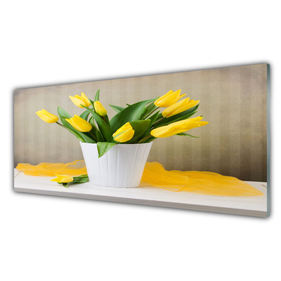 Glass Wall Art Tulips floral yellow green