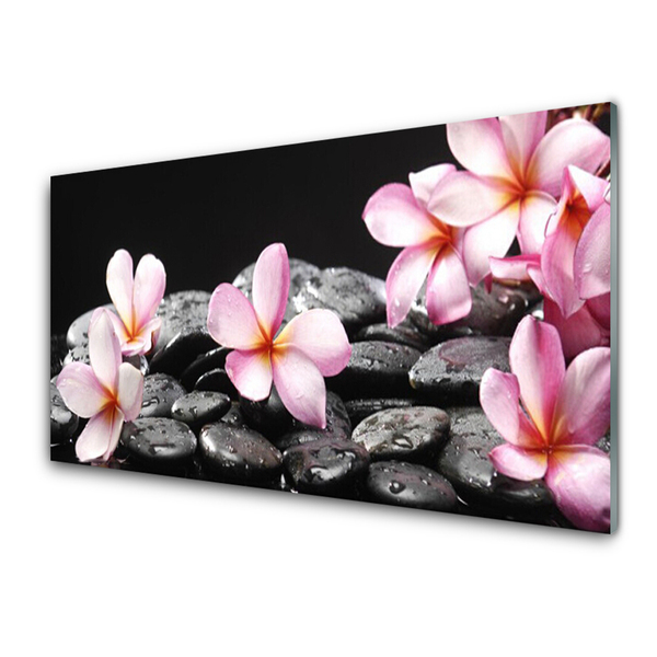 Glass Wall Art Flower stones floral pink black