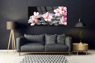 Glass Wall Art Flower stones floral pink black