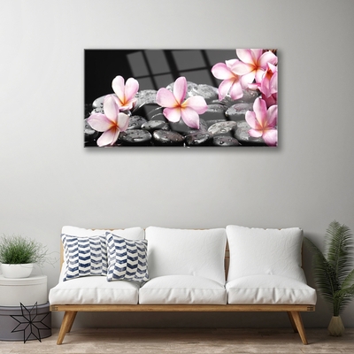 Glass Wall Art Flower stones floral pink black