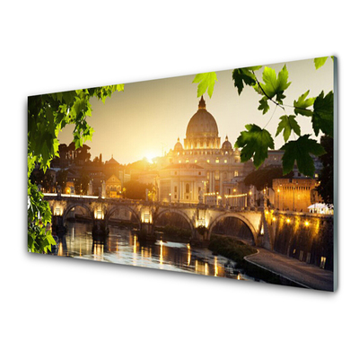 Glass Wall Art Bridge city leaves architecture green yellow brown