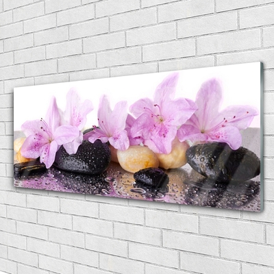 Glass Wall Art Flower stones floral pink black