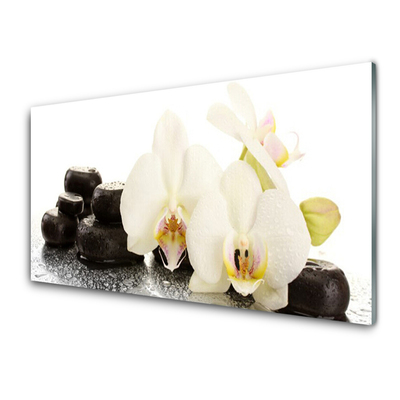 Glass Wall Art Flower stones floral white black