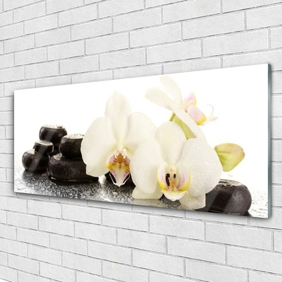 Glass Wall Art Flower stones floral white black