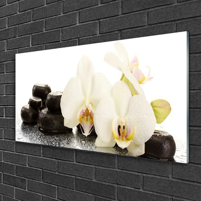 Glass Wall Art Flower stones floral white black