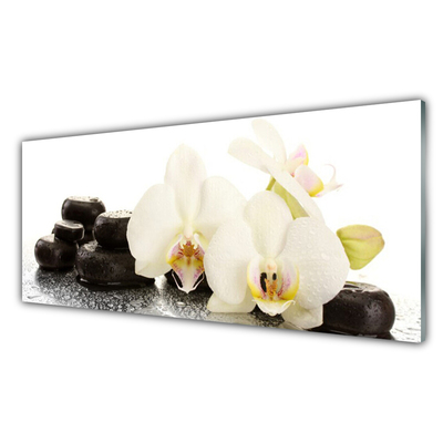 Glass Wall Art Flower stones floral white black