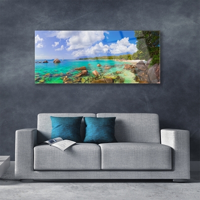 Glass Wall Art Sea stones trees landscape blue grey green brown