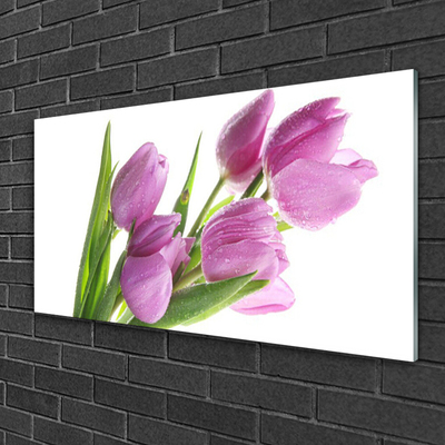 Glass Wall Art Tulips floral pink green