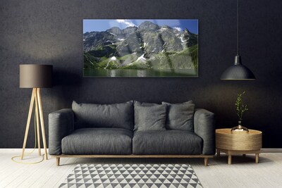 Glass Wall Art Mountains lake forest landscape green grey