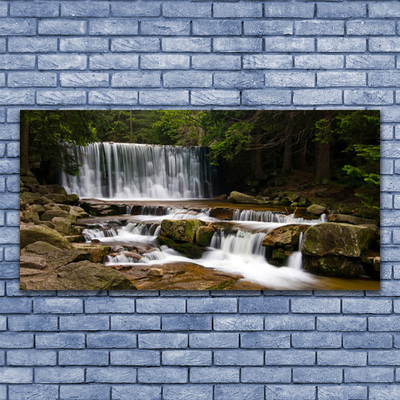 Glass Wall Art Waterfall forest nature white grey brown green