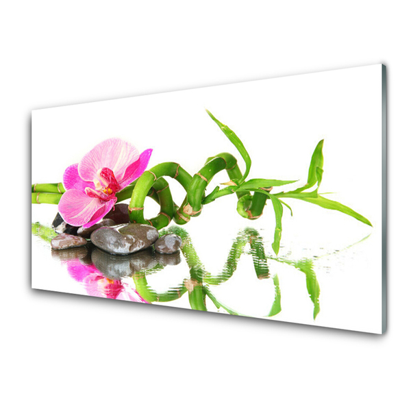 Glass Wall Art Bamboo flower stones art green pink grey