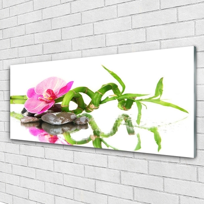 Glass Wall Art Bamboo flower stones art green pink grey