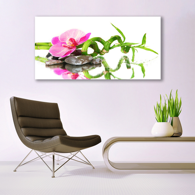 Glass Wall Art Bamboo flower stones art green pink grey