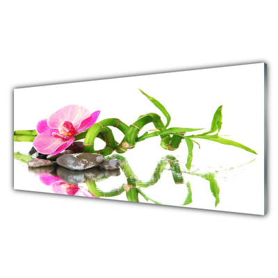 Glass Wall Art Bamboo flower stones art green pink grey