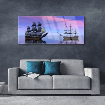 Glass Wall Art Boats sea landscape brown grey purple blue