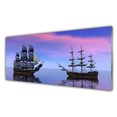 Glass Wall Art Boats sea landscape brown grey purple blue