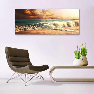 Glass Wall Art Ocean beach landscape blue white brown yellow