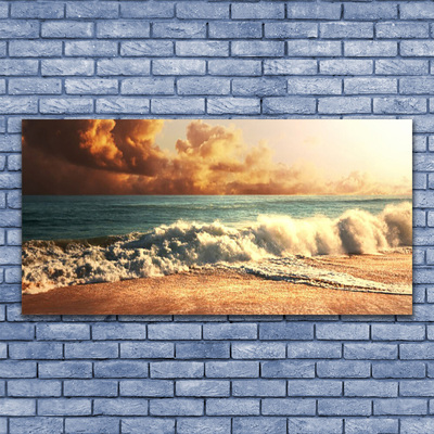 Glass Wall Art Ocean beach landscape blue white brown yellow