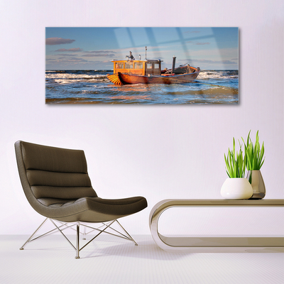 Glass Wall Art Boat sea landscape yellow green blue