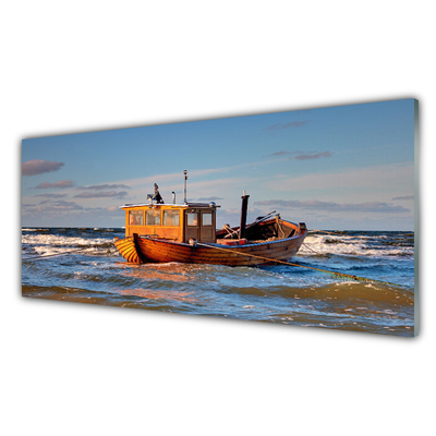 Glass Wall Art Boat sea landscape yellow green blue