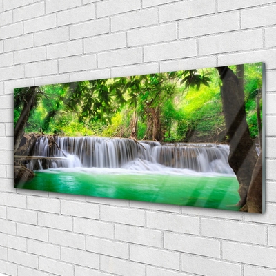 Glass Wall Art Waterfall lake forest nature blue grey green brown